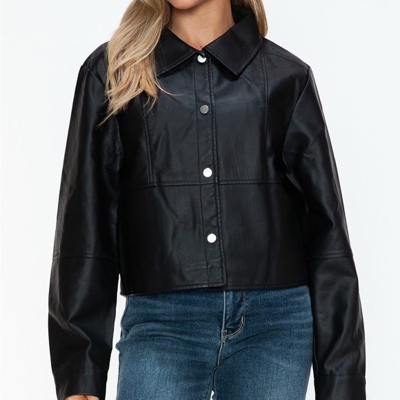 Snobbish Snap Down Long Sleeve PU Leather Jacket - Picture 2 of 12